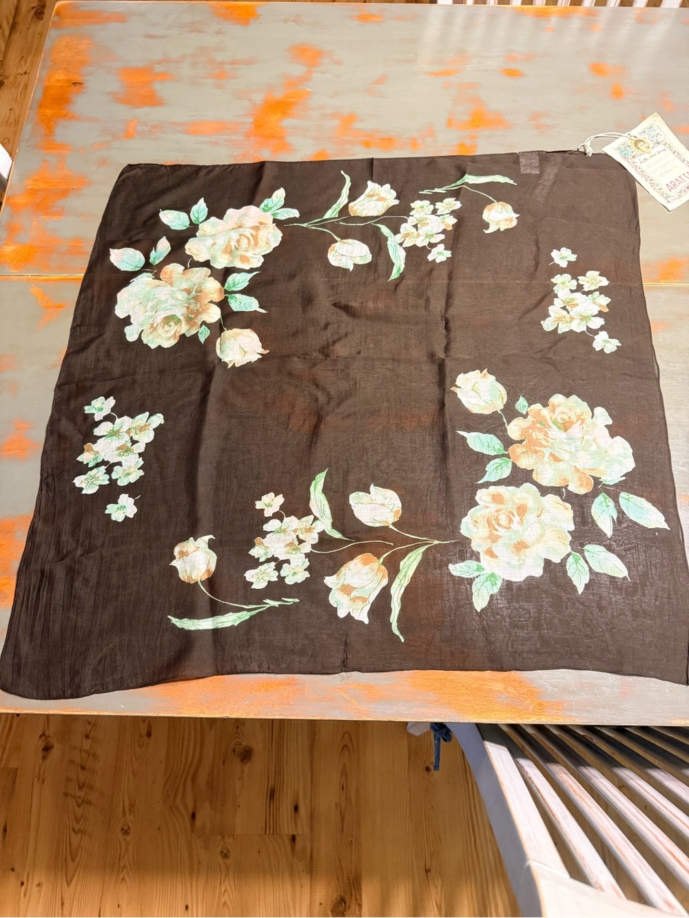 Aratta Brown Scarf with Cream and Green Floral Design